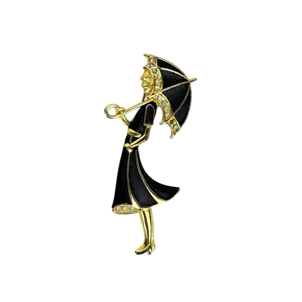 Vintage Woman Brooch Black Dress Gold Plated with Umbrella Signed